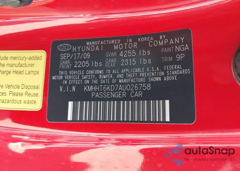 2010 Hyundai Genesis 2.0T Track z USA, uszkodzony, nr VIN KMHHT6KD7AU026758